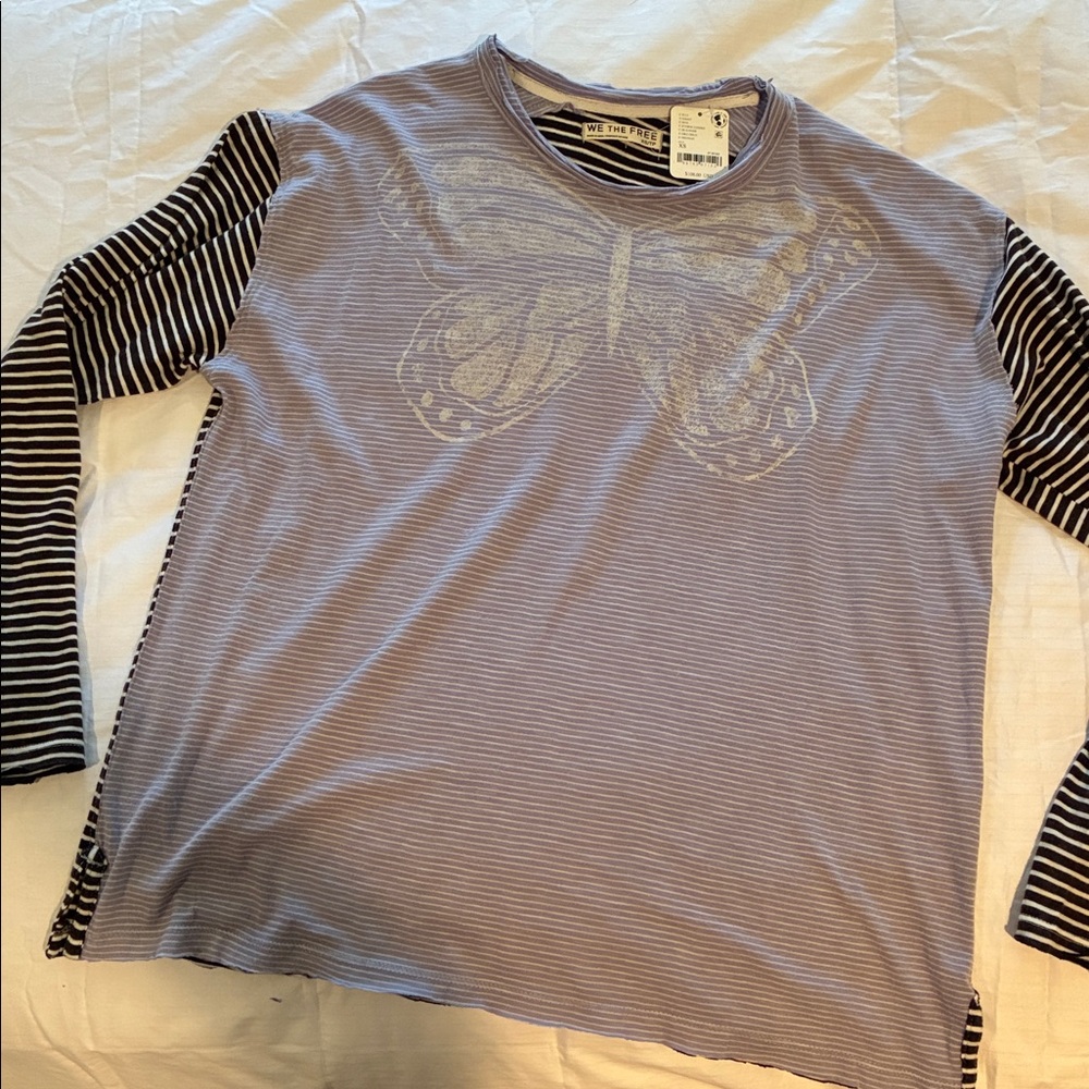 Free People We The Free Butterfly Striped long sleeve Tee Top Oversized XS - Picture 4 of 6